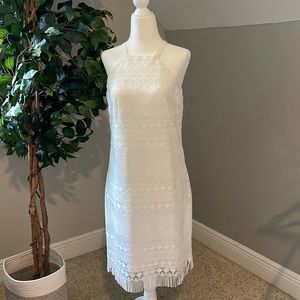 White lace detail Trina Turk Playtime fringe hem halter dress